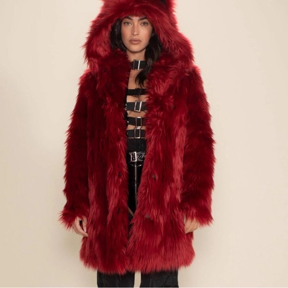 SpiritHoods Red Velvet Wolf Faux Fur Hooded Coat Vegan Small EUC - Picture 11 of 12
